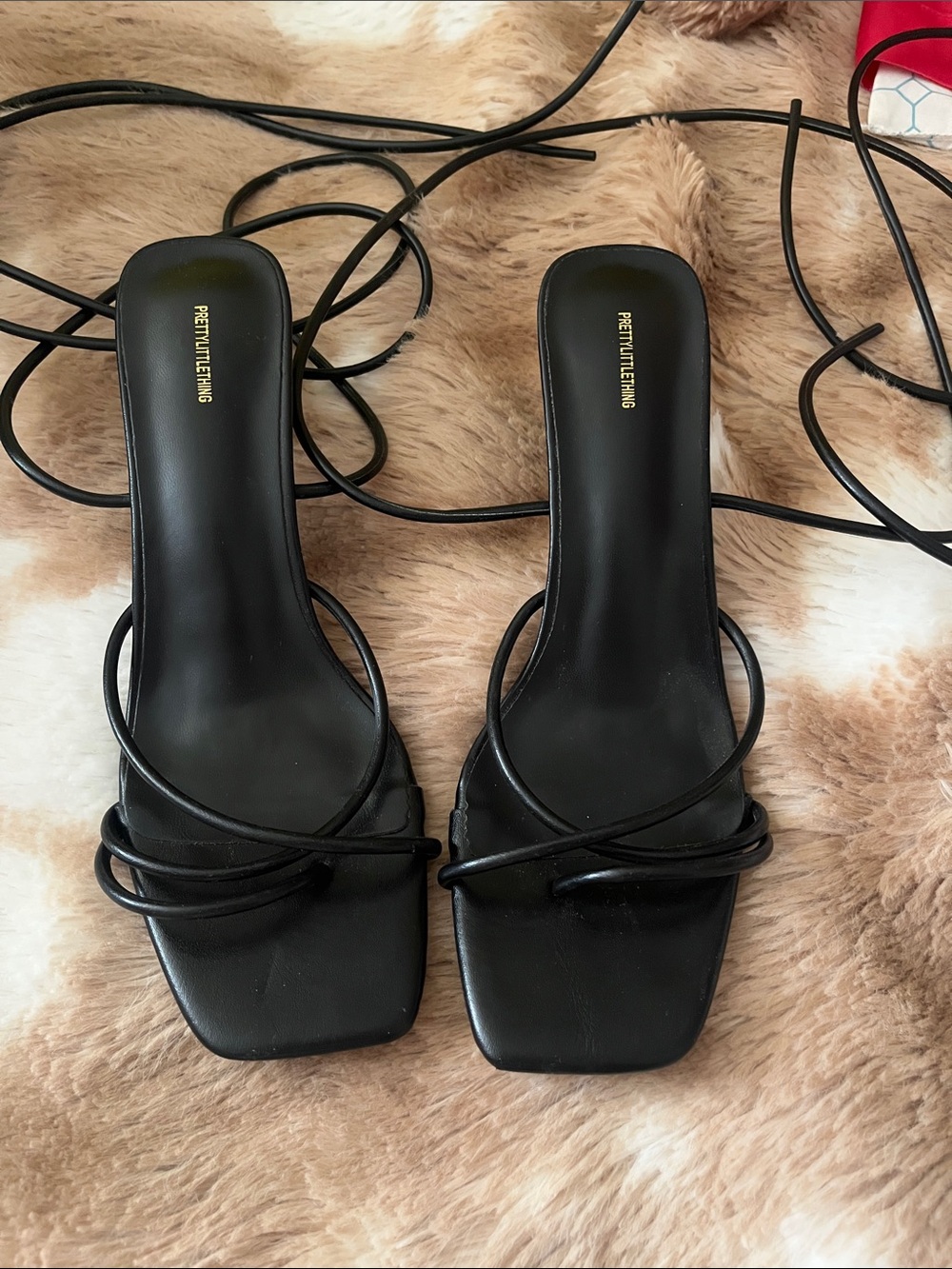 PrettyLittleThing Black Strappy Square-Toe Lace-Up Slides